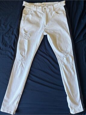 KDNK White Skinny Distressed Jeans with Black Side Stripe -